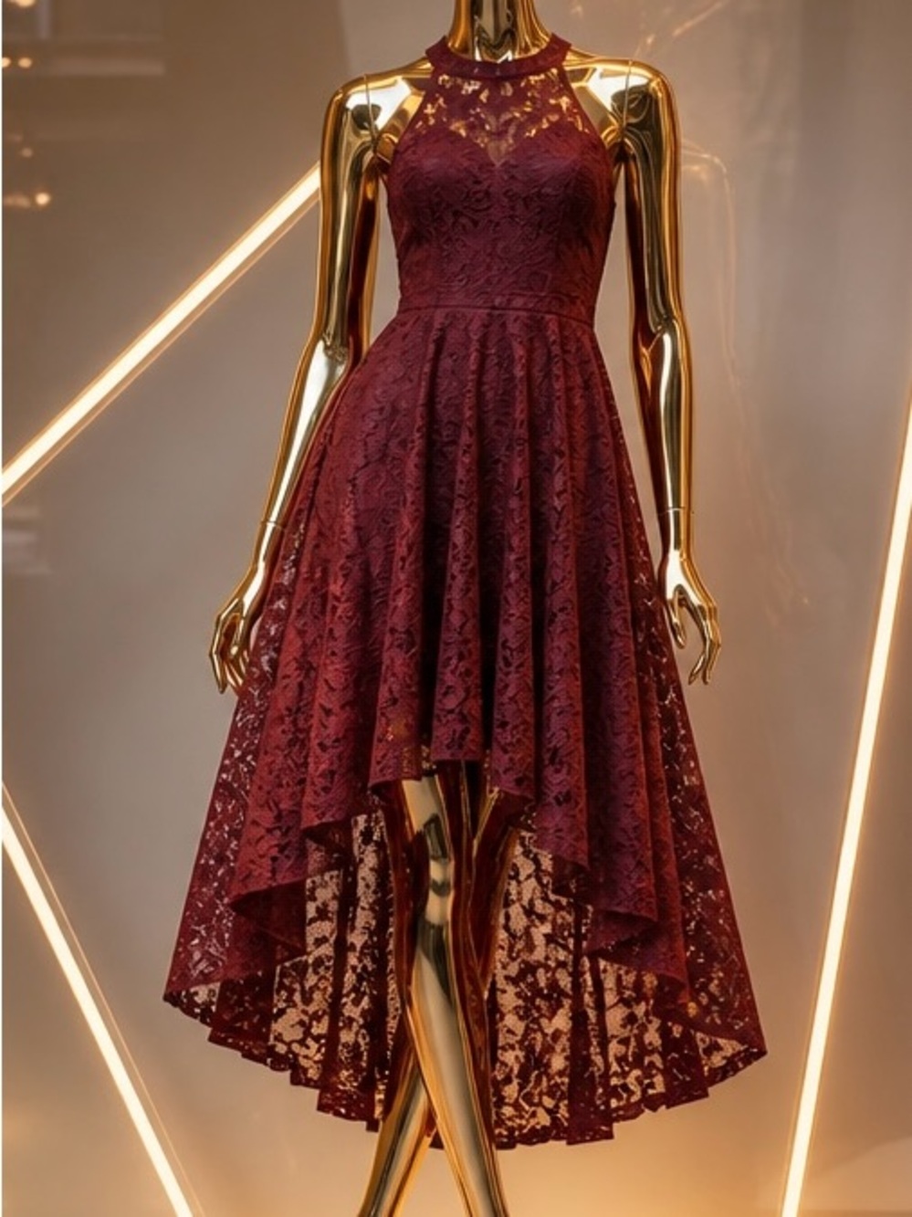 High-Low Lace Halter Dress in Burgundy